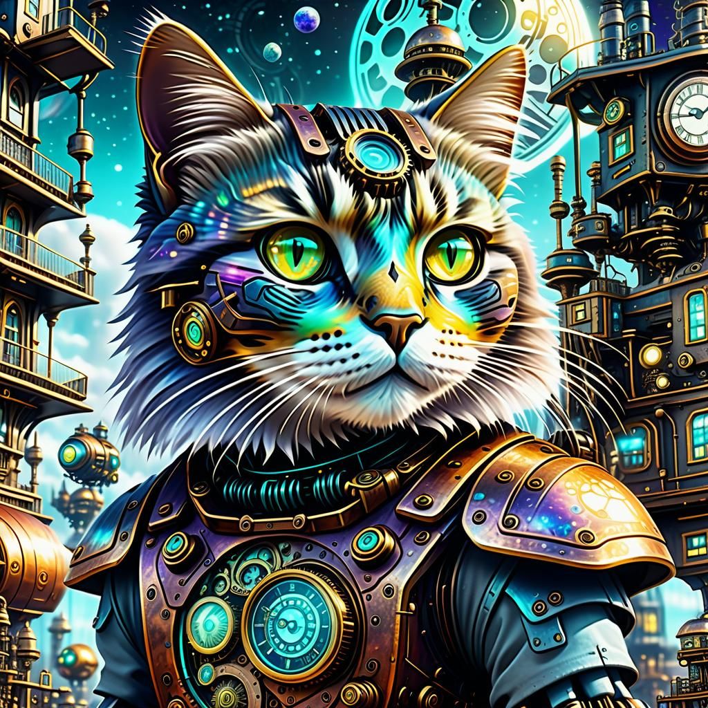 Steampunk Cat Town: Intricate Mechanical Details in 8K