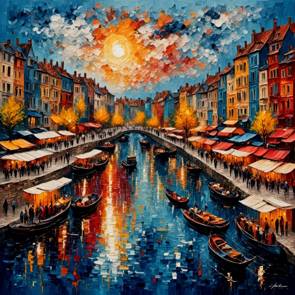 City Street at Sunset: Impressionistic Impasto Painting