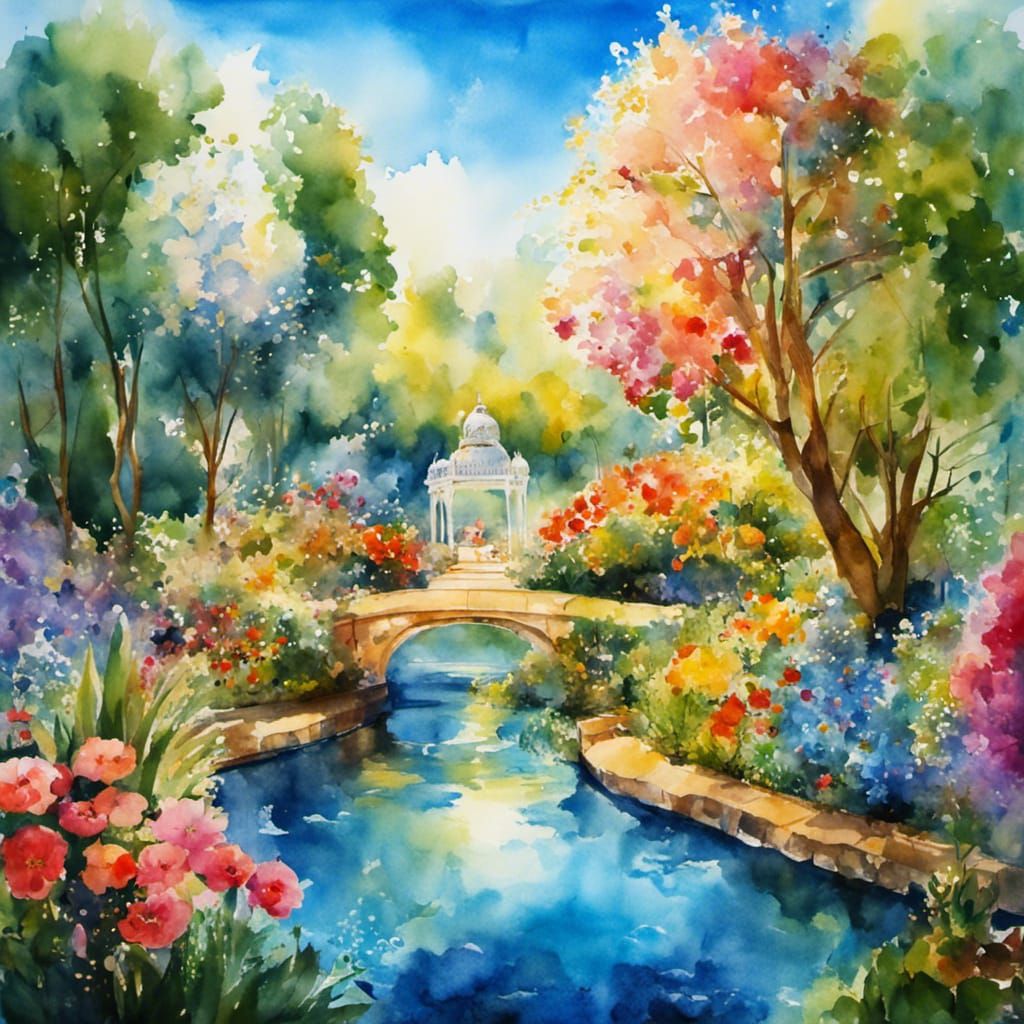 Peaceful Garden in Watercolor Poster Art