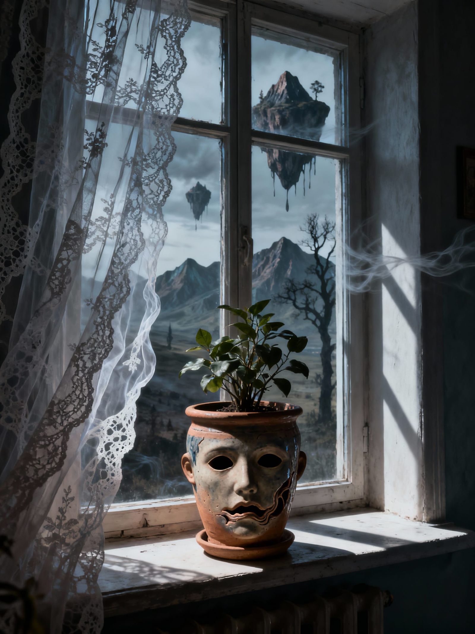 Surreal Face Planter on Windowsill, Magritte Inspired