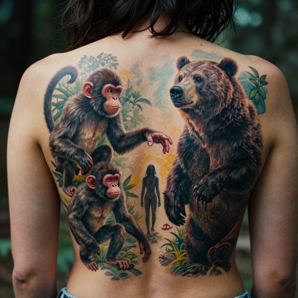 Vibrant Tattoo Art: Hand, Monkeys, Human, Bear Scene
