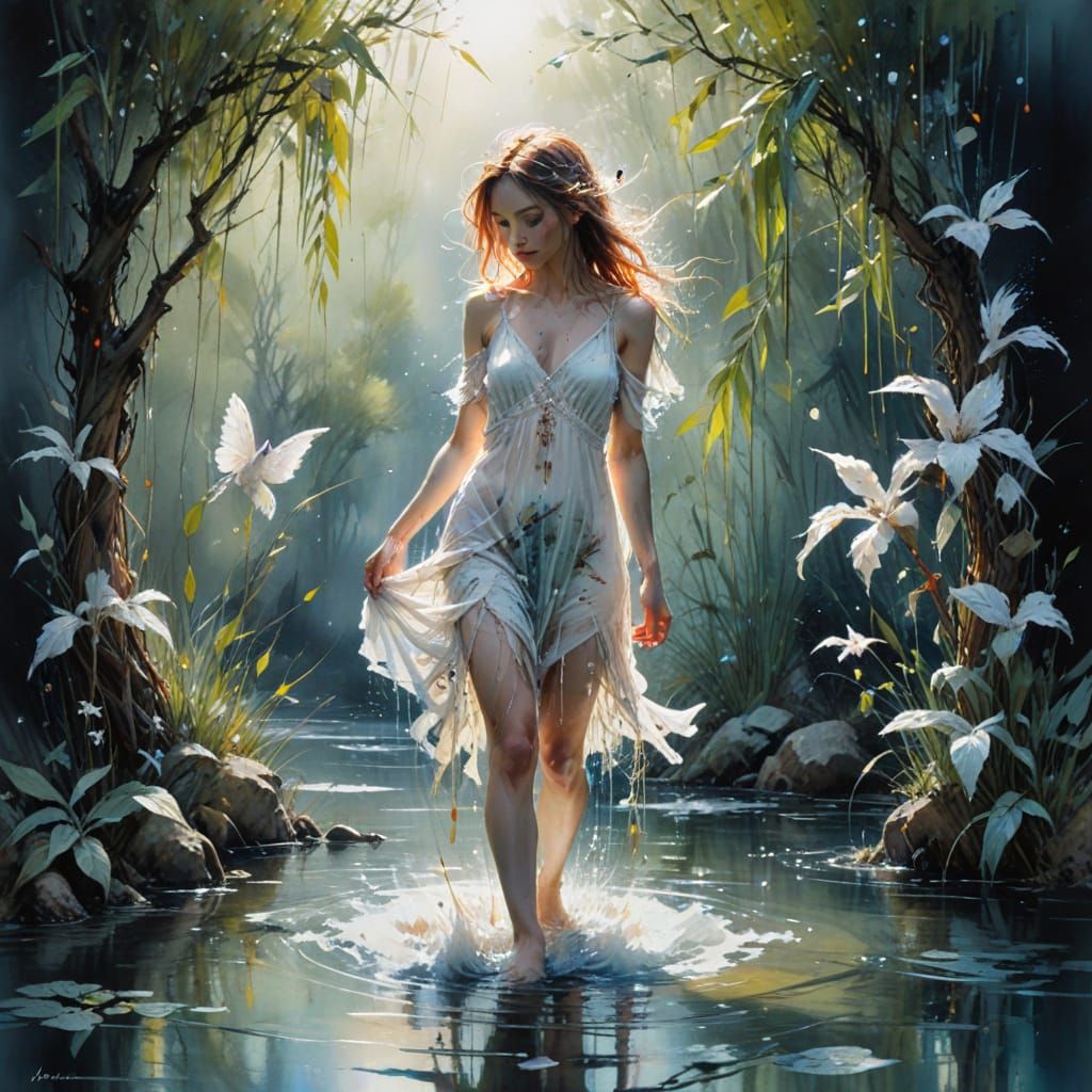 Moonchild Dancing in River, Watercolour Painting