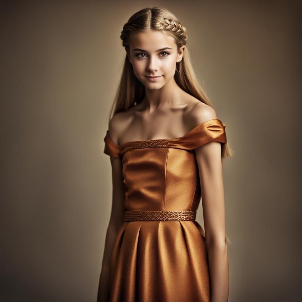 Elegant Teenage Girl in a Golden Dress