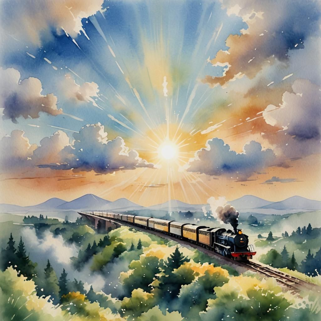 Steampunk Train Journey to the Future in Watercolor