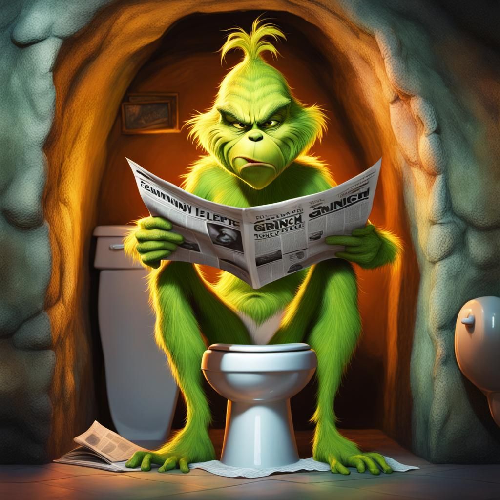 Hyperrealistic Grinch on Toilet in Cave