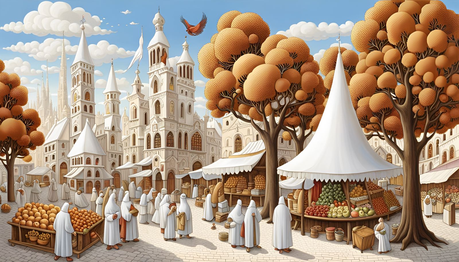 Medieval Marketplace with Monks: Surrealist Acrylic Art
