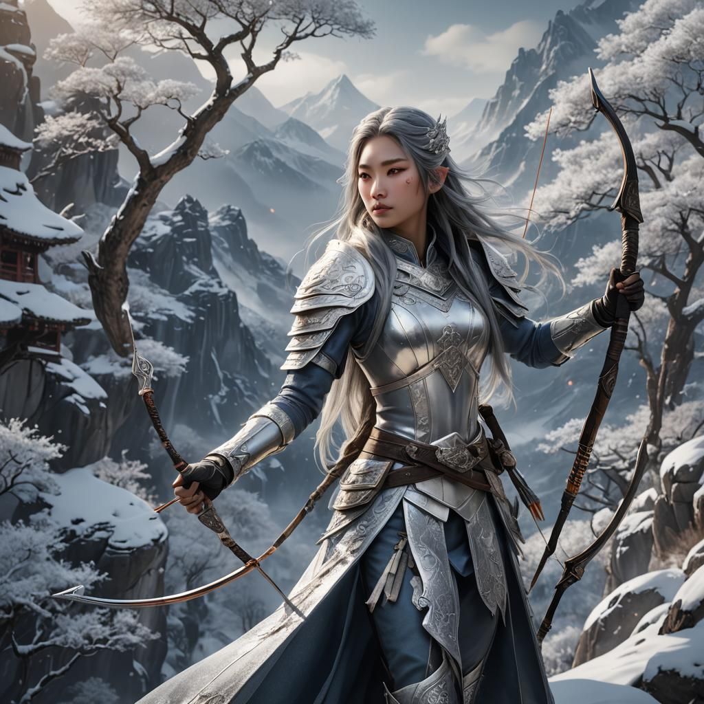 Silver Archer on Snowy Summit: Fantasy Concept Art