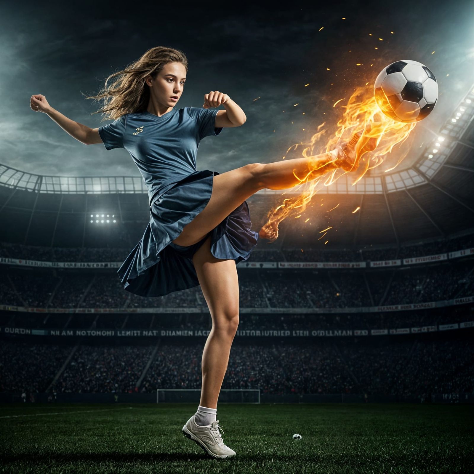 Fiery Soccer Ball Kick in Stadium: Photorealistic Action