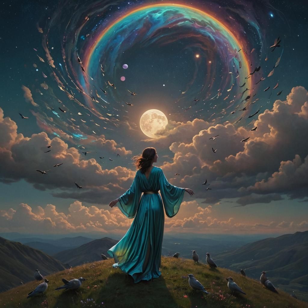 Woman on Hill with Moon and Birds, Surreal Art