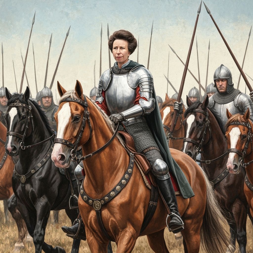Princess Anne in medieval armour and on horseback leading an...