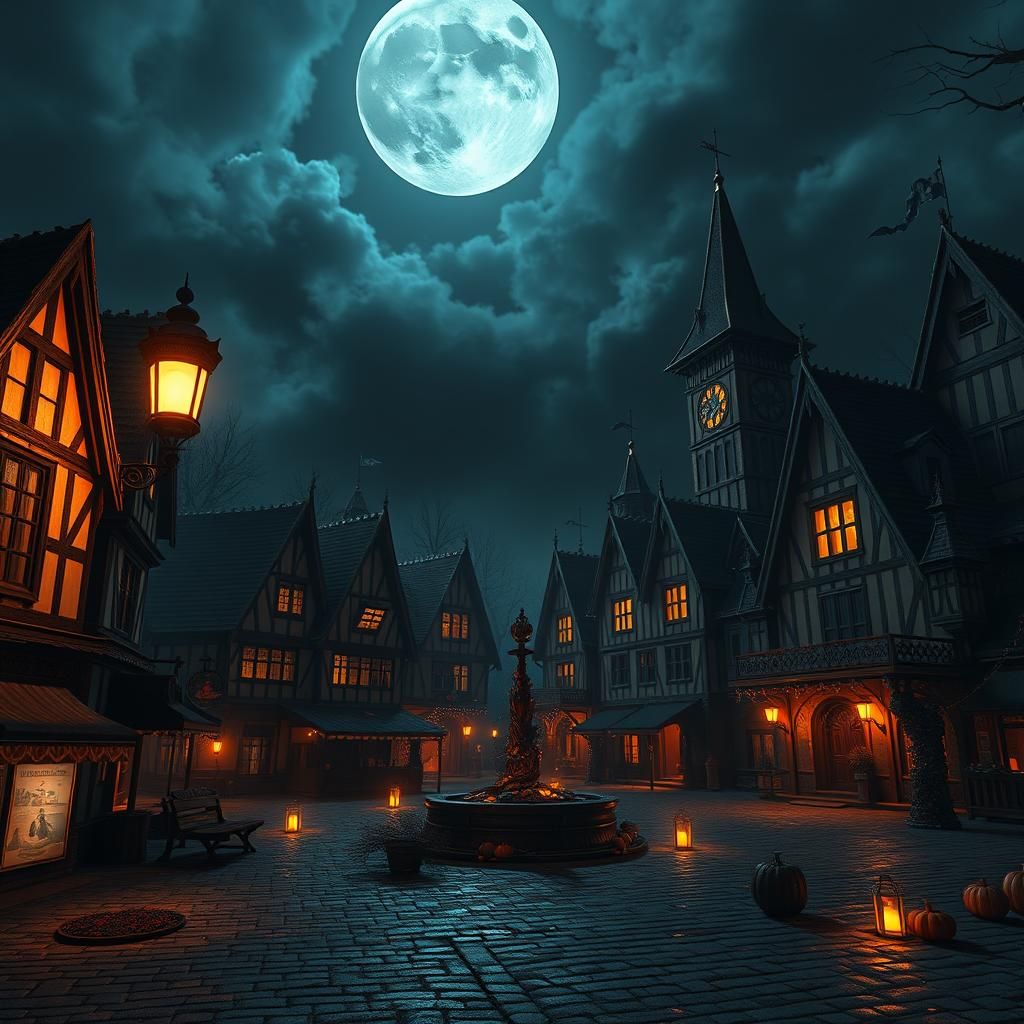 Spooky Town Square in October Night Sky