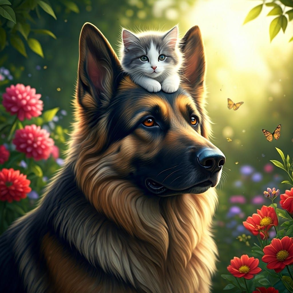 Kitten Hat on German Shepherd in Fairytale Garden