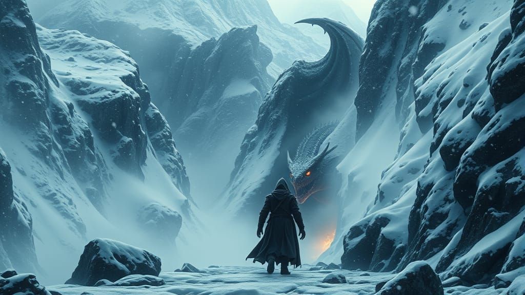 Mage Approaches Dragon's Cave in Snowy Mountain Pass