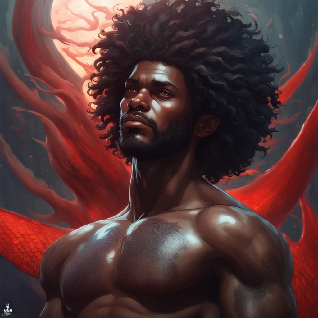 Striking Black Merman Portrait in Art Nouveau Style