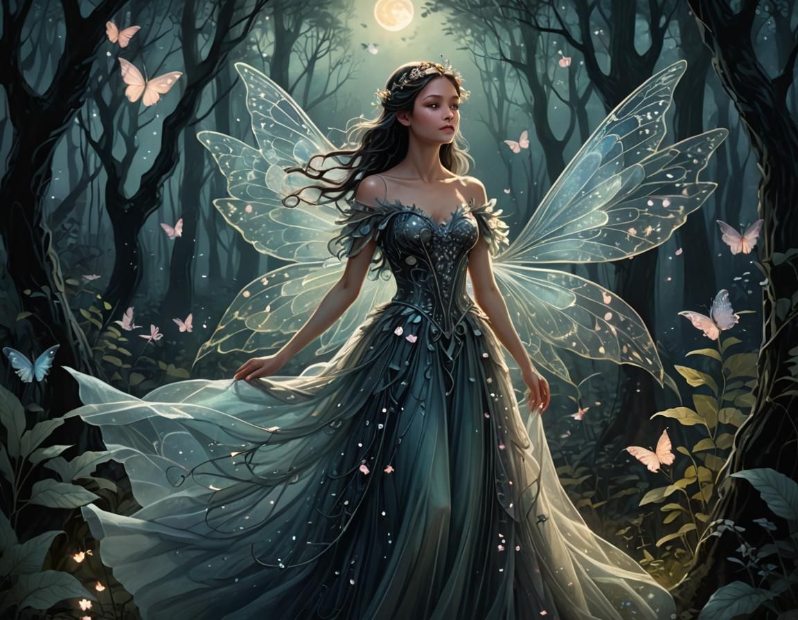 Enchanting Fairy in Moonlit Forest: Magic Realism