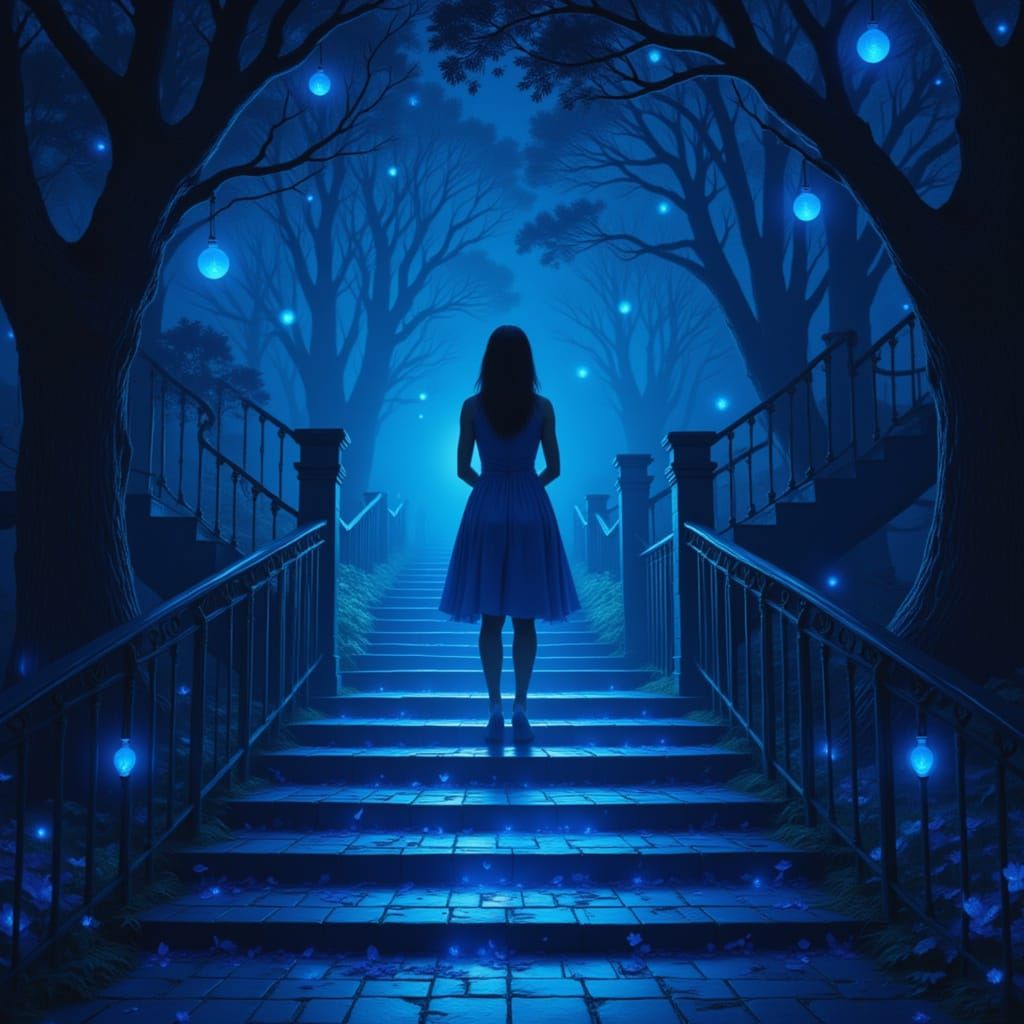 She watches the light of the lantern on the stairs of blue i...