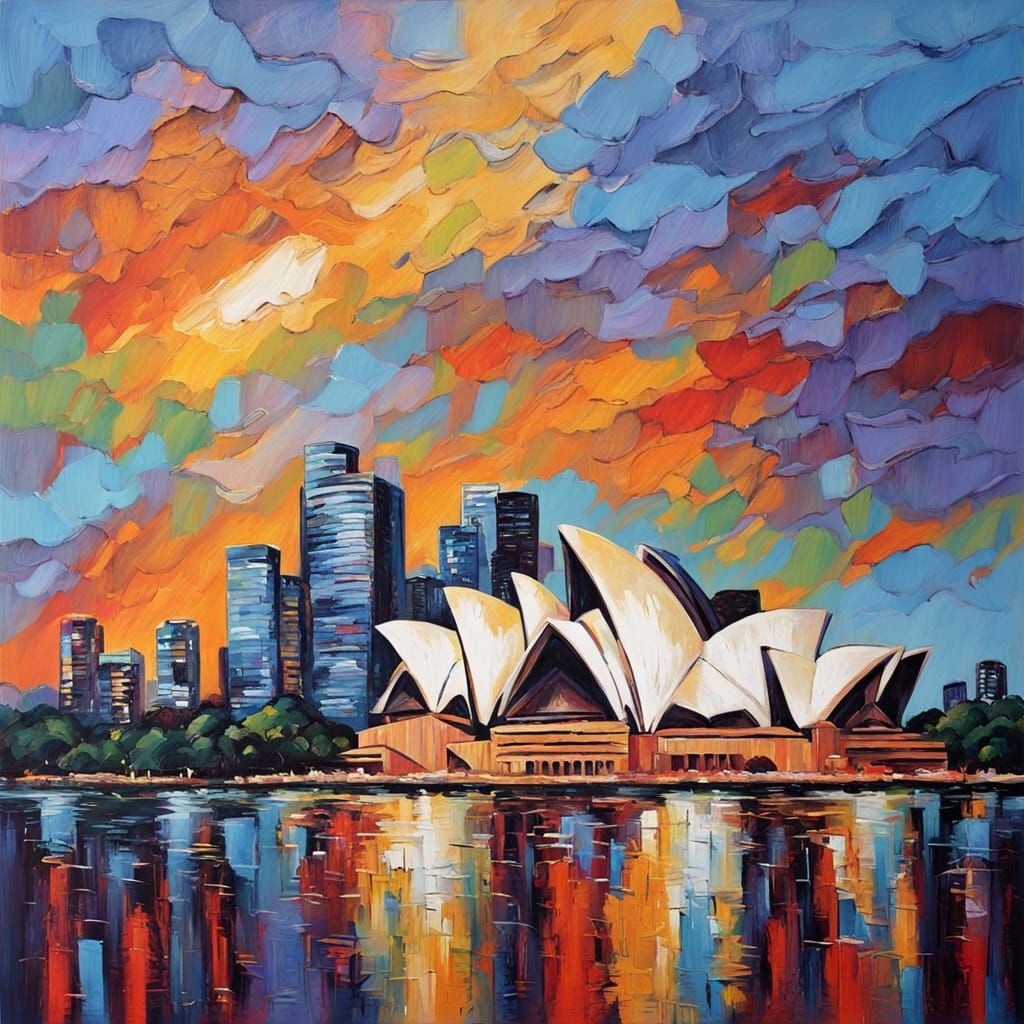 Sydney Opera House at Golden Hour Neo-Impressionist Style