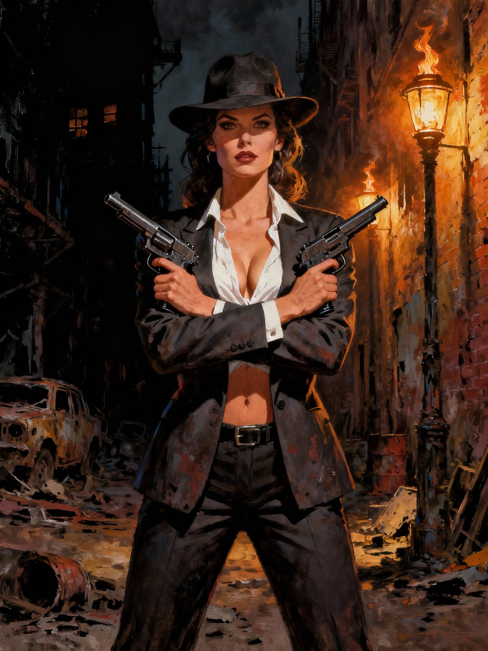 Detective Woman Poses with Guns in Post-Apocalyptic City