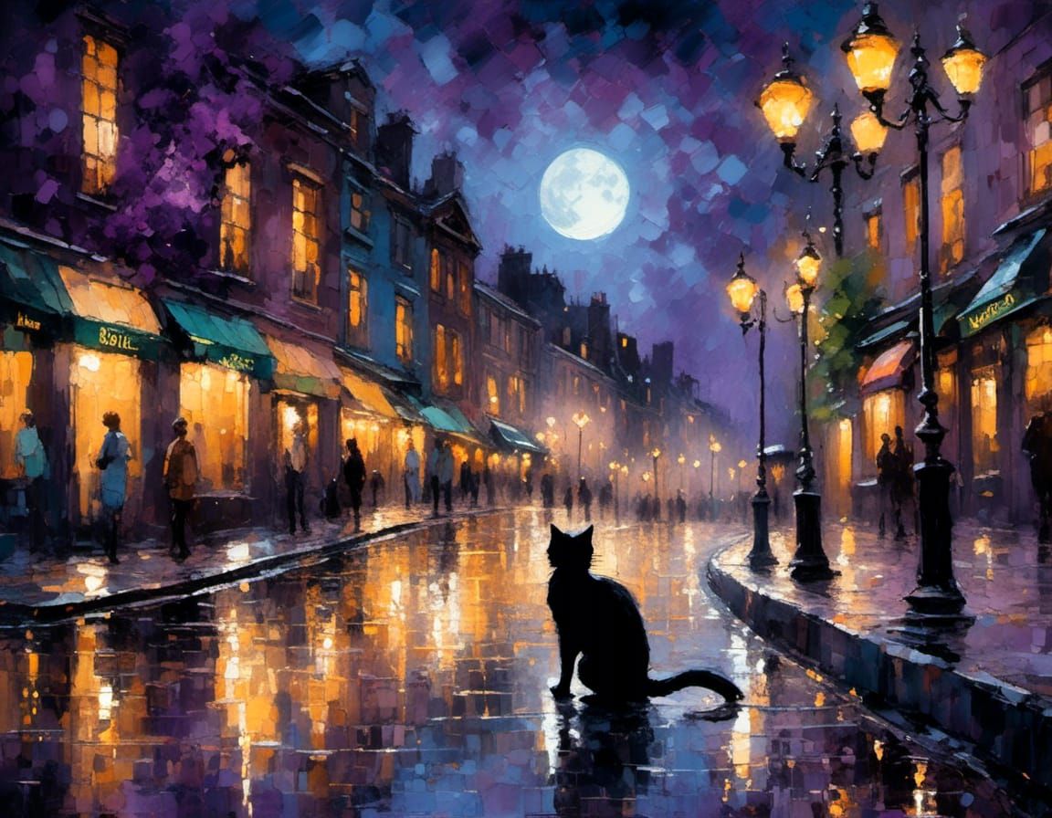 Black Cat in Cityscape Oil Painting Under Moonlight