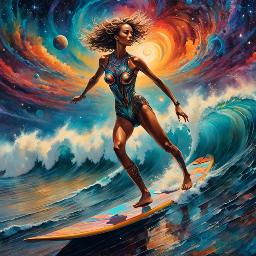 Futuristic Space Surfer Rides Cosmic Nebula Wave