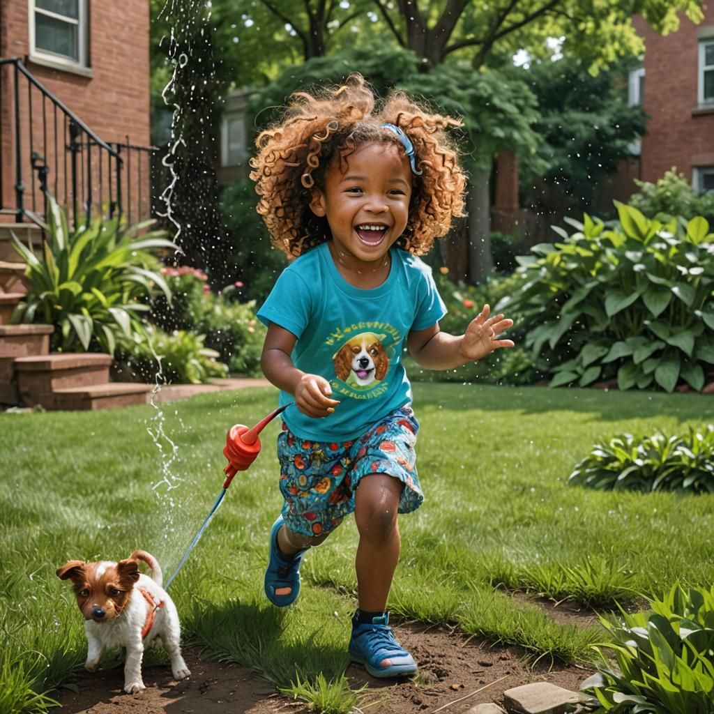 Joyful Child Playing with Puppy in Garden