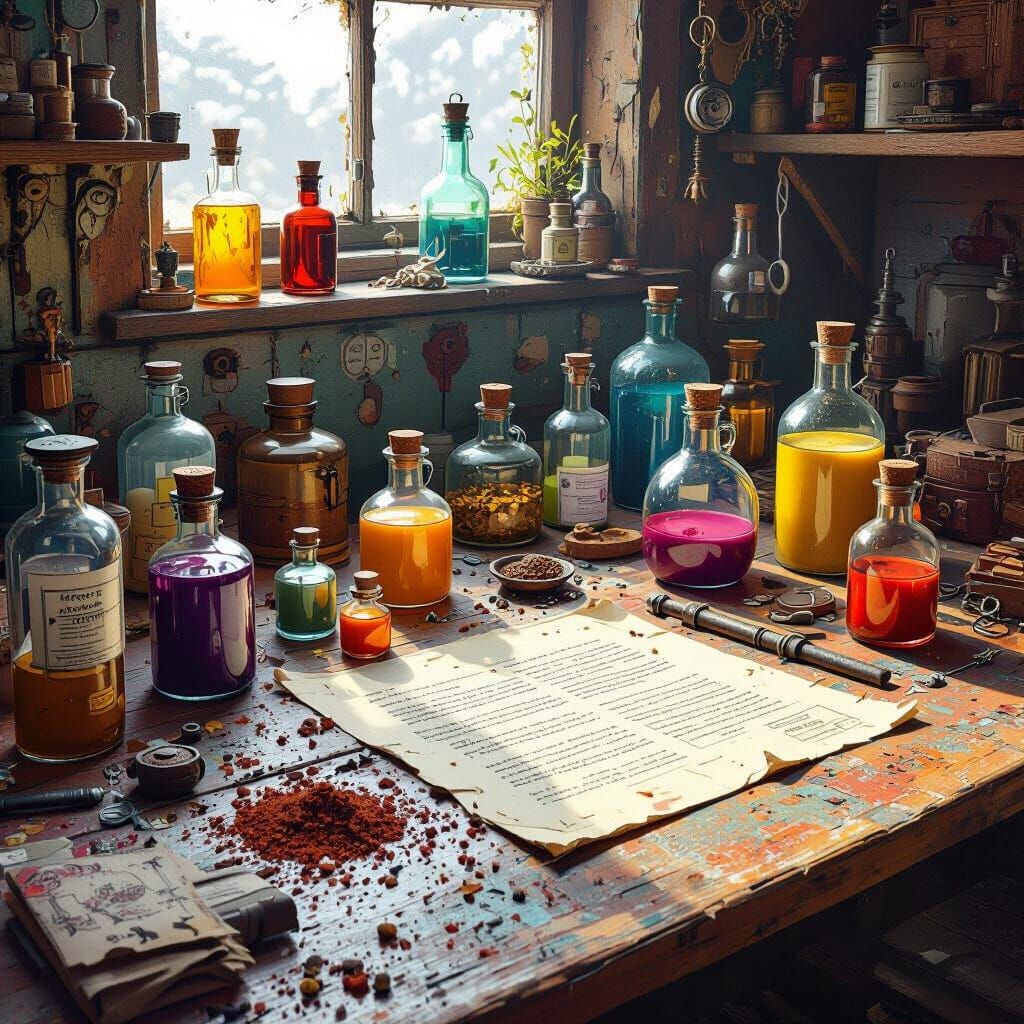 Alchemist's Mining Potion Workshop in Hyperrealistic Style