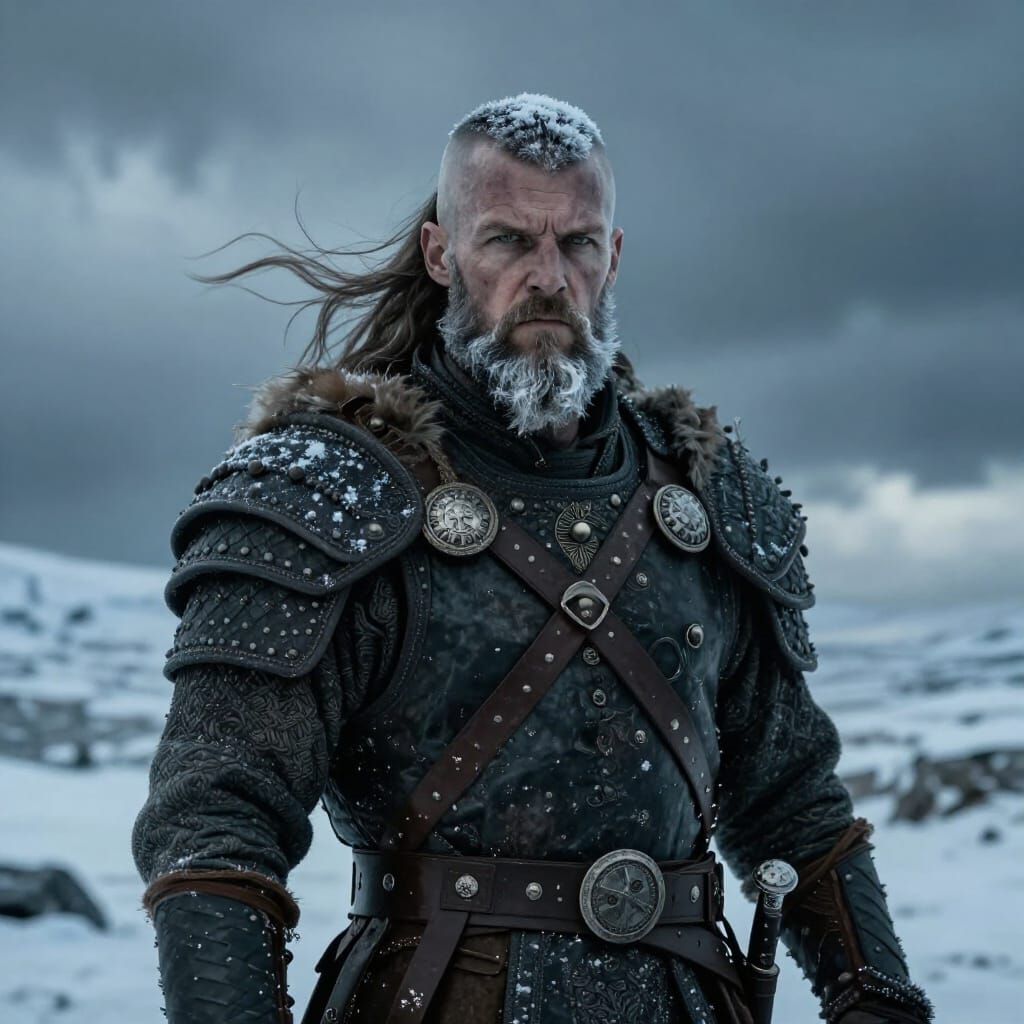 Solitary Viking Warrior in Windswept Tundra