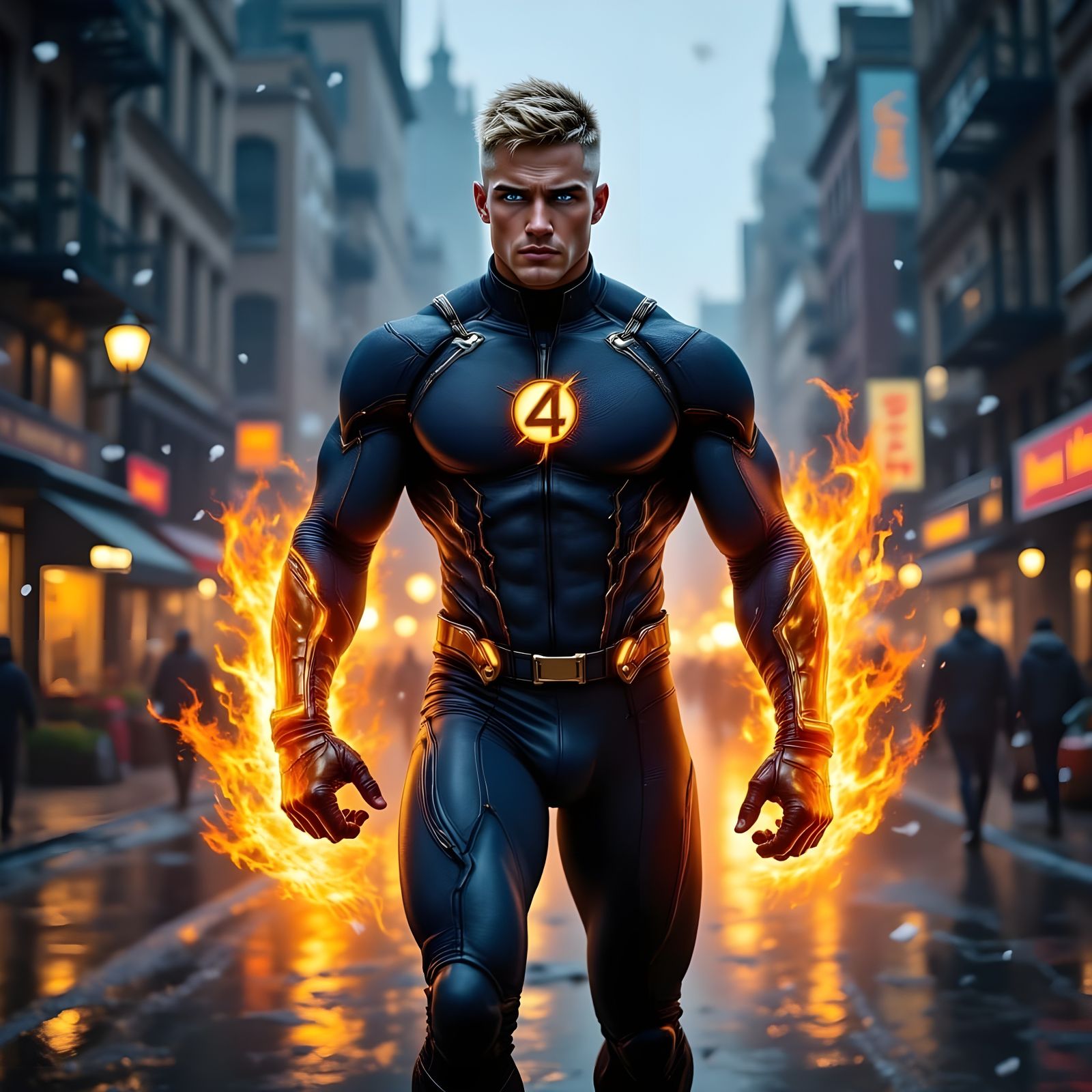 Heroic Human Torch in Rainy NYC, in Cyberpunk Style