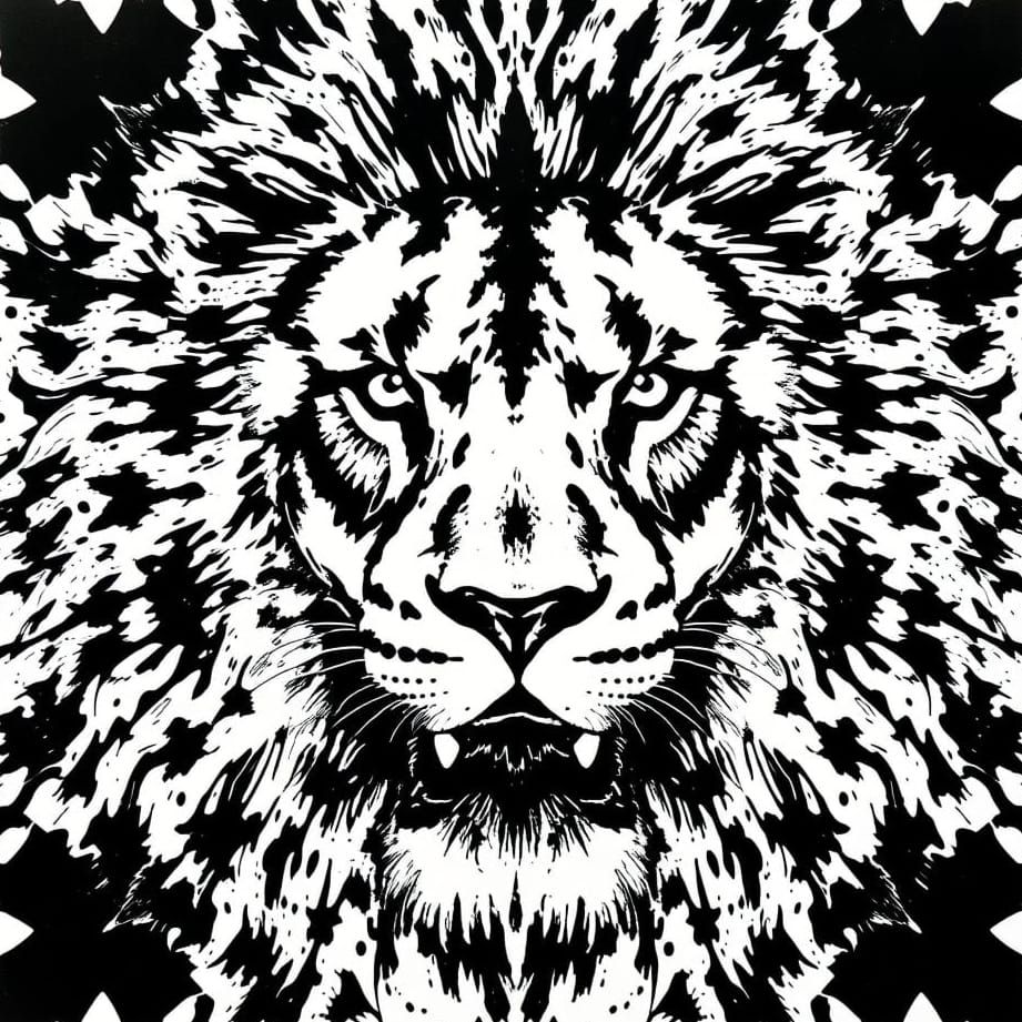 Surreal Lion Face in Black Rorschach Splatter Art