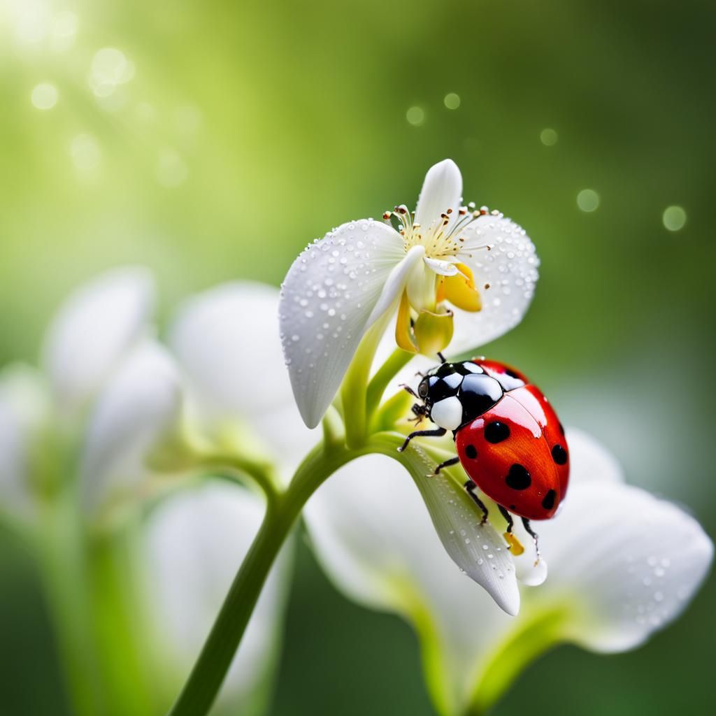 Dew-Covered Ladybug on White Orchid: Macro Photography