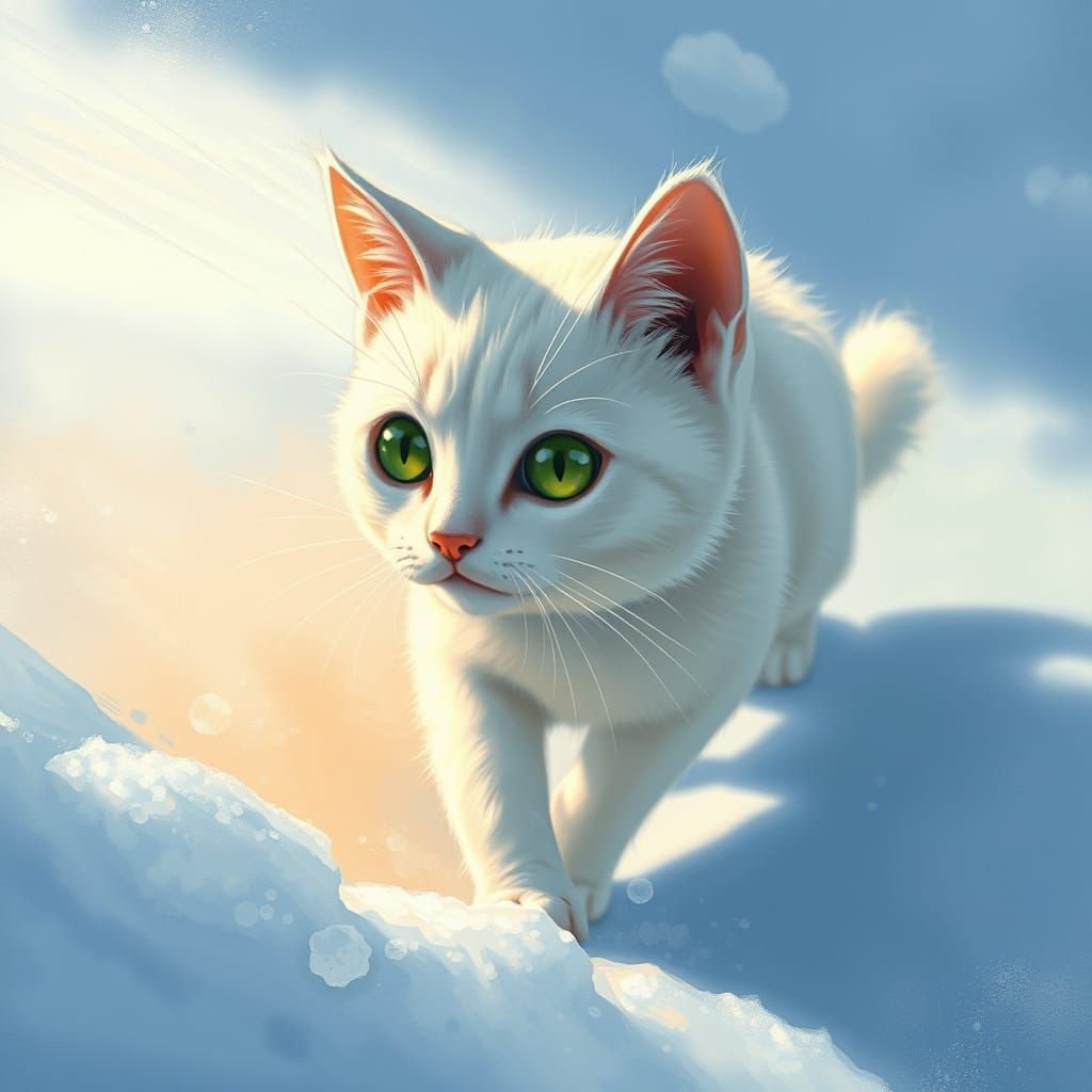 White Cat Walking in Snow, Anime Style