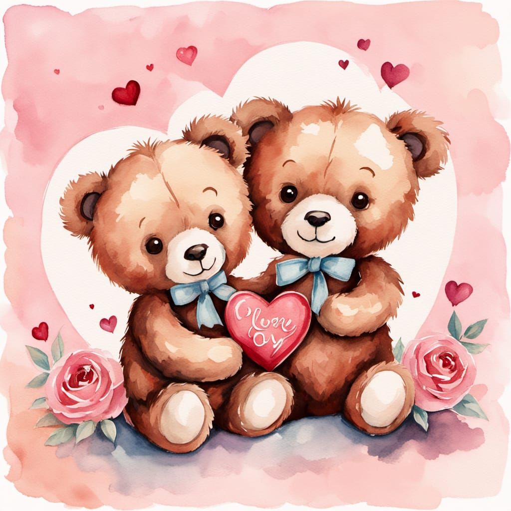 Romantic Whimsical Teddy Bears on Pastel Pink Background
