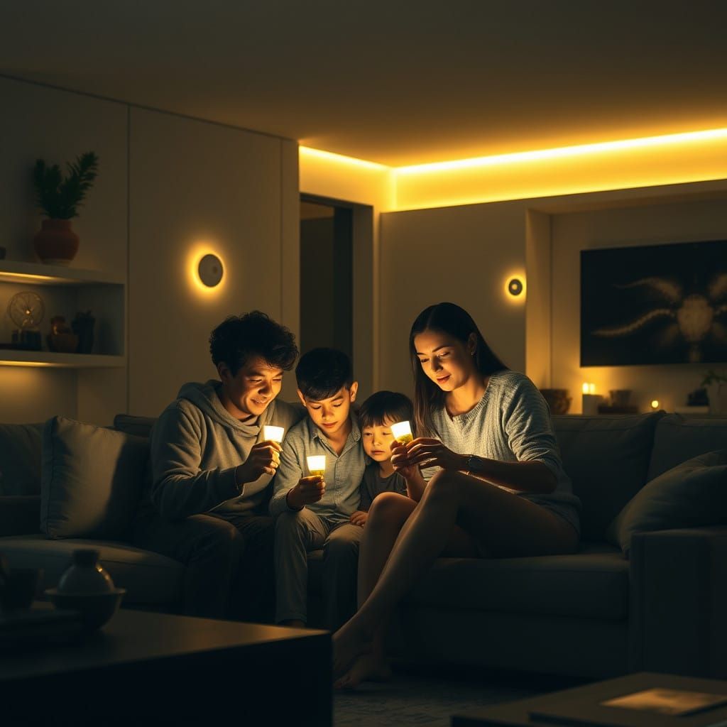 Cozy Family Moment Under Hand-Crank Lighting in Modern Home