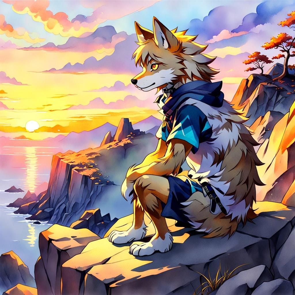 Anime Wolf Boy Gazing at Sunset: Watercolor Illustration