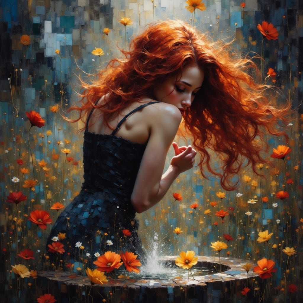 Red-Haired Woman at Wishing Well in Splash Art Style