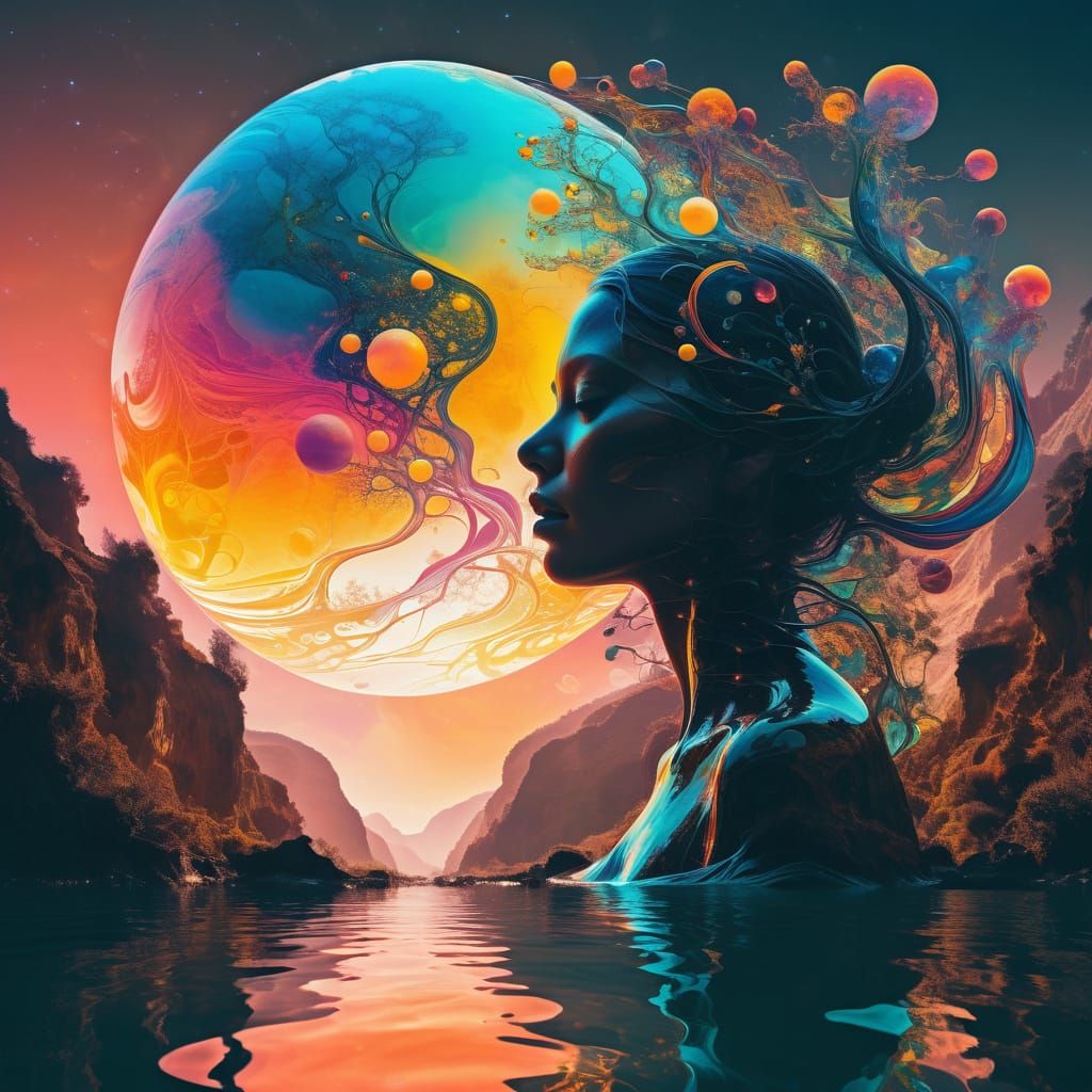 Surreal Woman Silhouette with Alien Planet and Moons