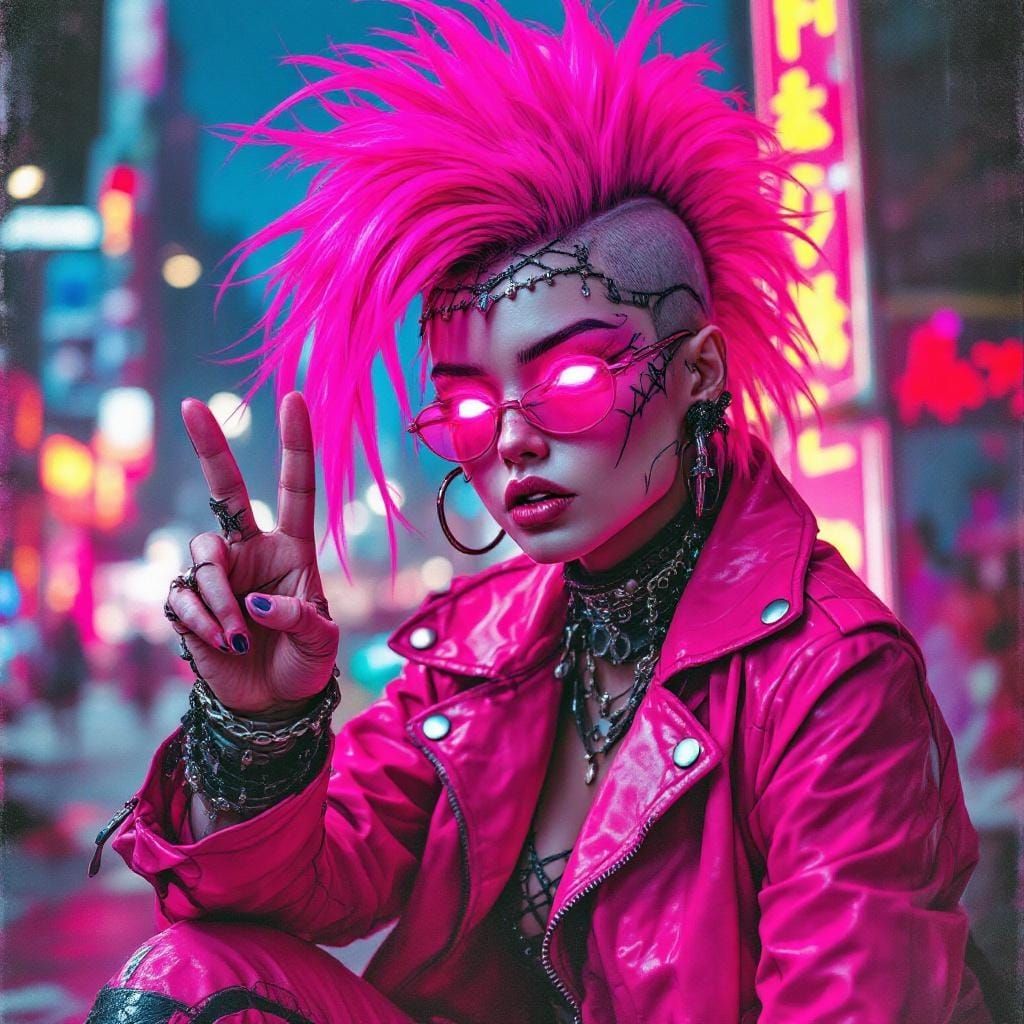 Cyberpunk Punk Girl with Neon Pink Mohawk