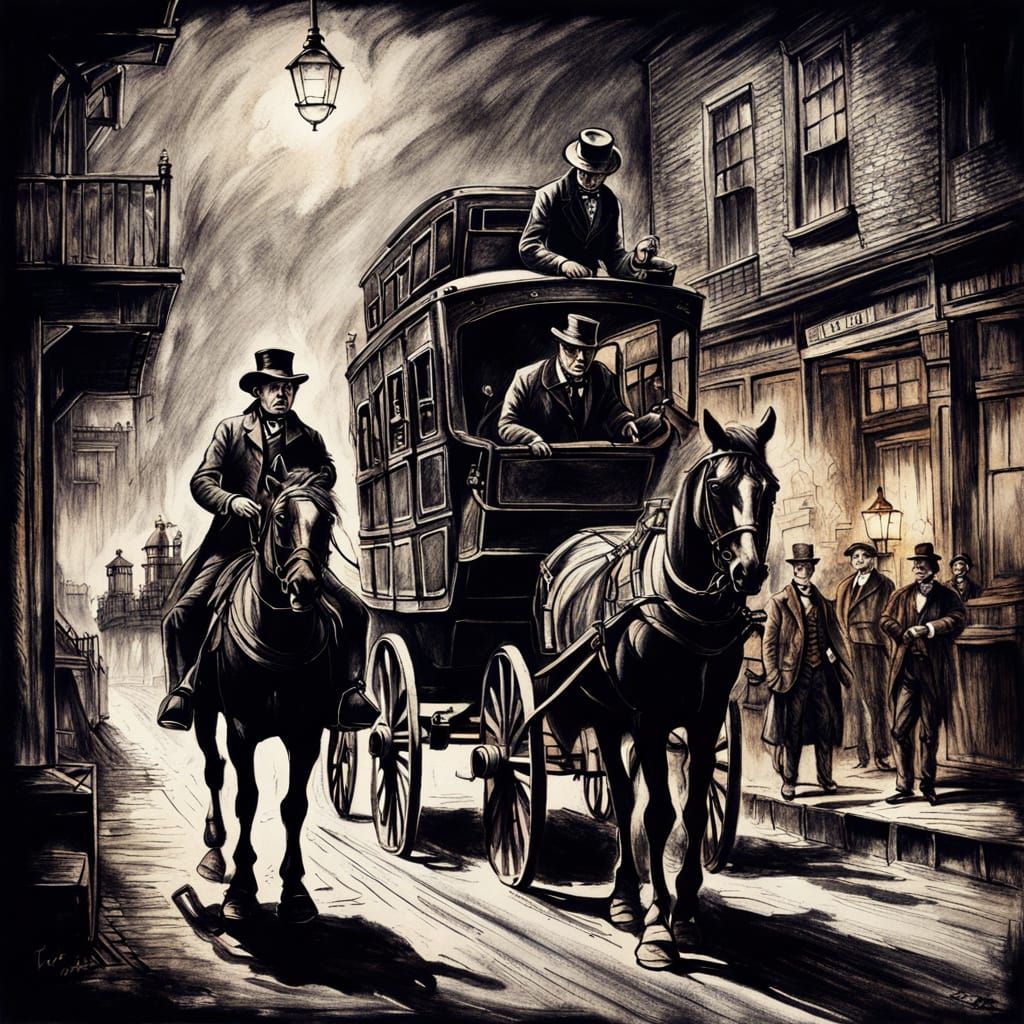 Highwayman Robs Stagecoach: A Dramatic Charcoal Drawing