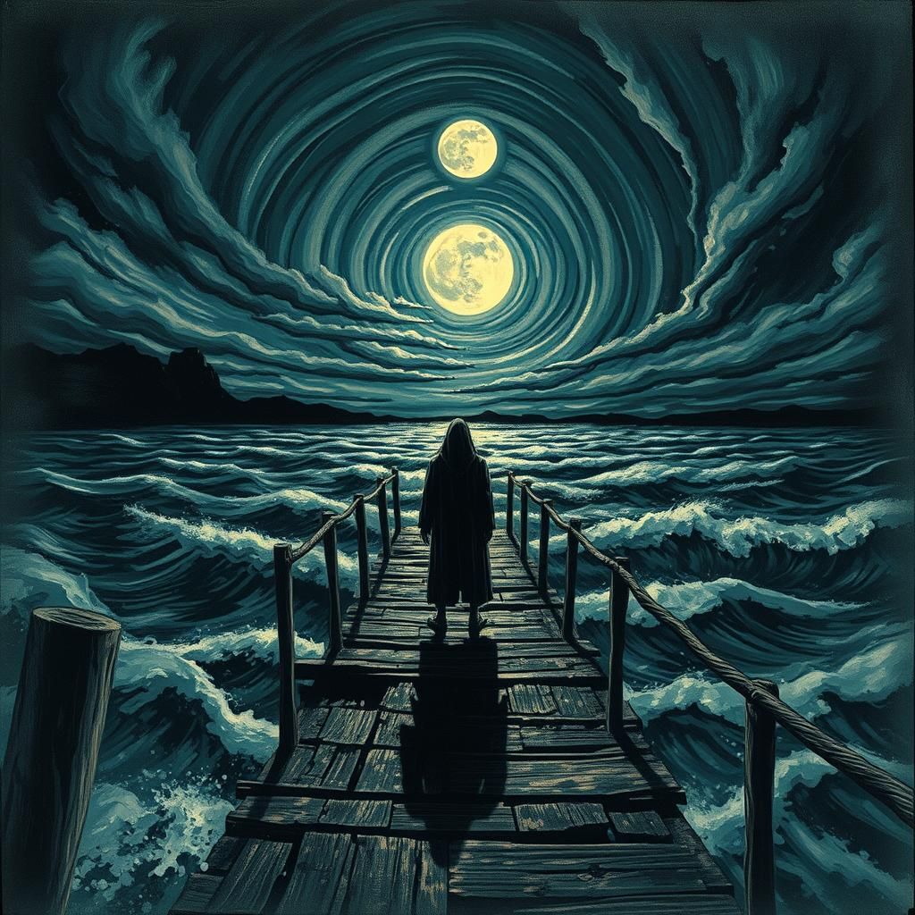 Existential Dread on a Moonlit Pier: Expressionist Digital A...