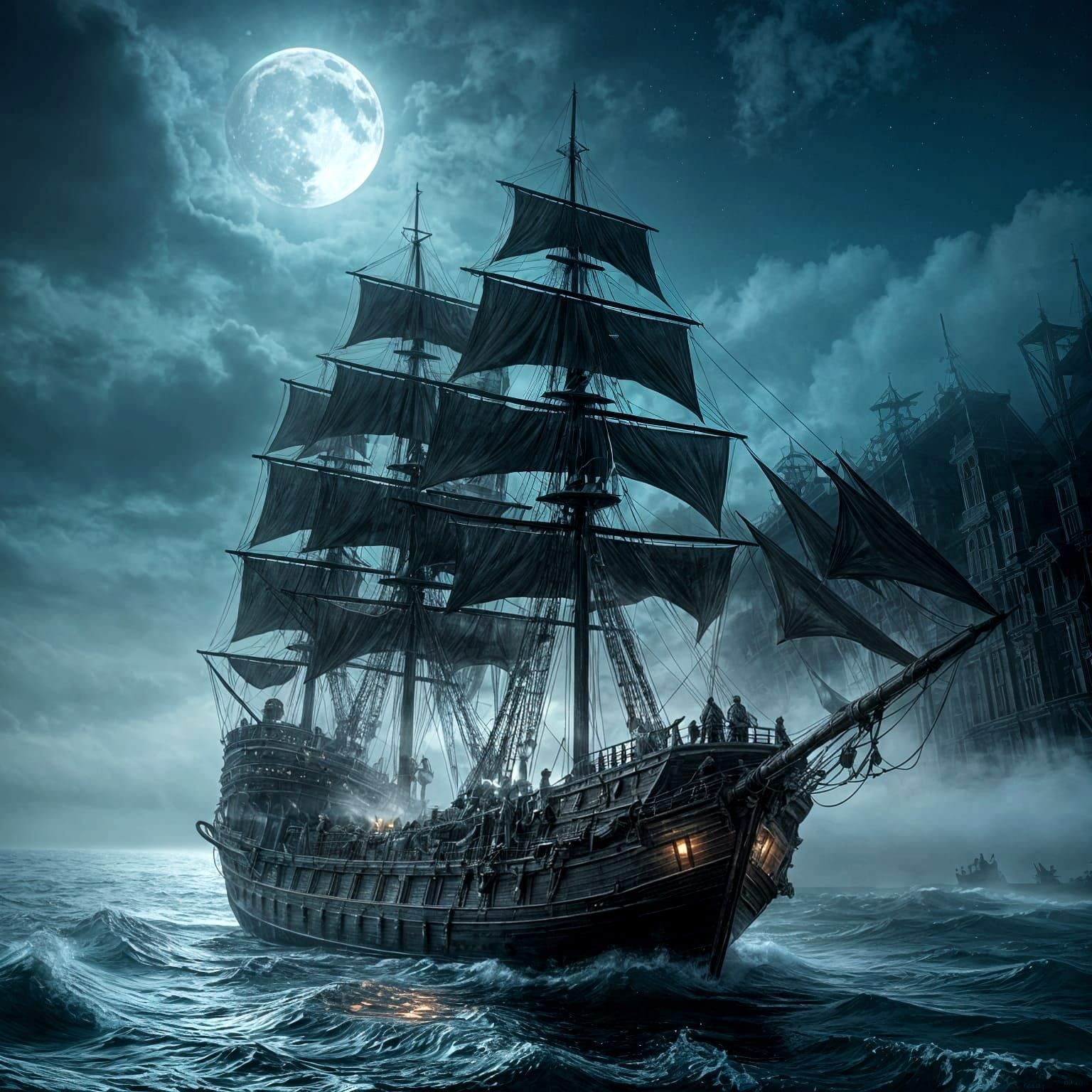 Ghostly Pirate Ship Commands the Moonlit Ocean
