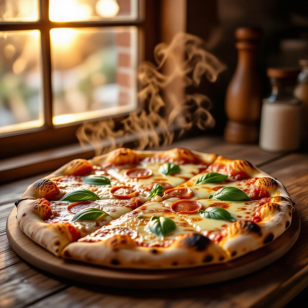 Hyperrealistic Gourmet Pizza on Rustic Table
