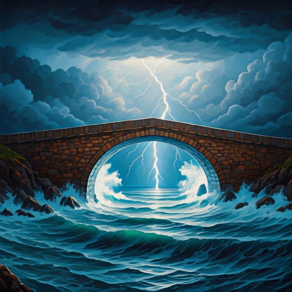 Stormy Bridge Amid Turbulent Waters in Impasto Oil Painting