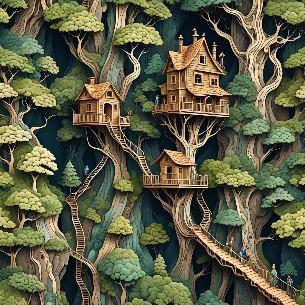 Miniature People Climb to Mountain Treehouse