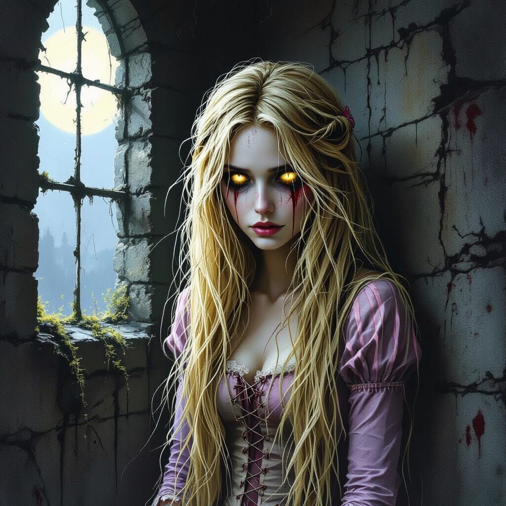 Creepy Rapunzel in a Decaying Tower