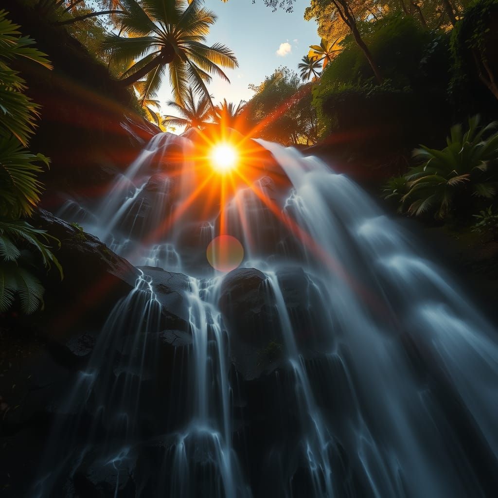 Tropical Waterfall at Sunrise: A Colorful Cascade