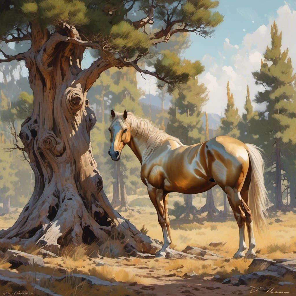 Golden Wild Horse Beneath Cypress Tree