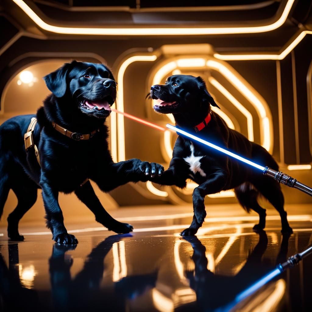 Staffbull and Retriever Lightsaber Battle in Spaceship