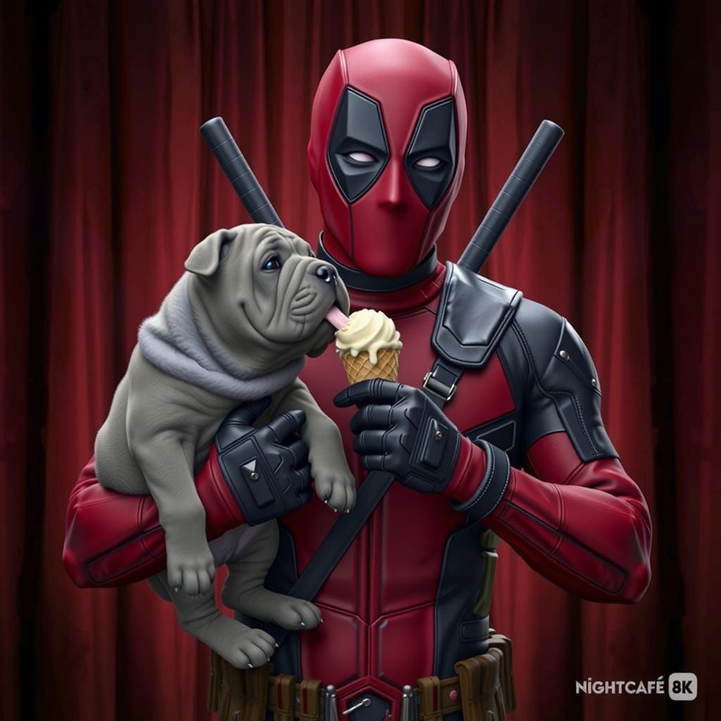 Deadpool and Shar-Pei Puppy in Vintage Portrait