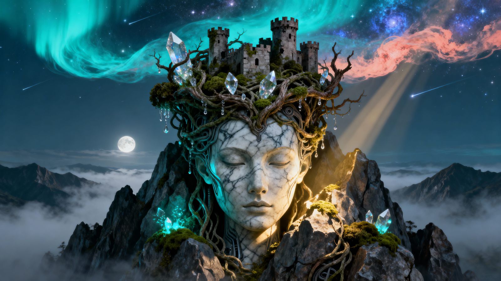 Elegant Mountain Mask with Vine Crown in Mystical Fog