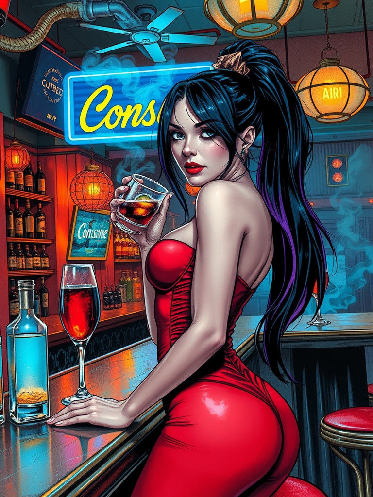 Goth Vampire in Cyberpunk Bar, Comic Art